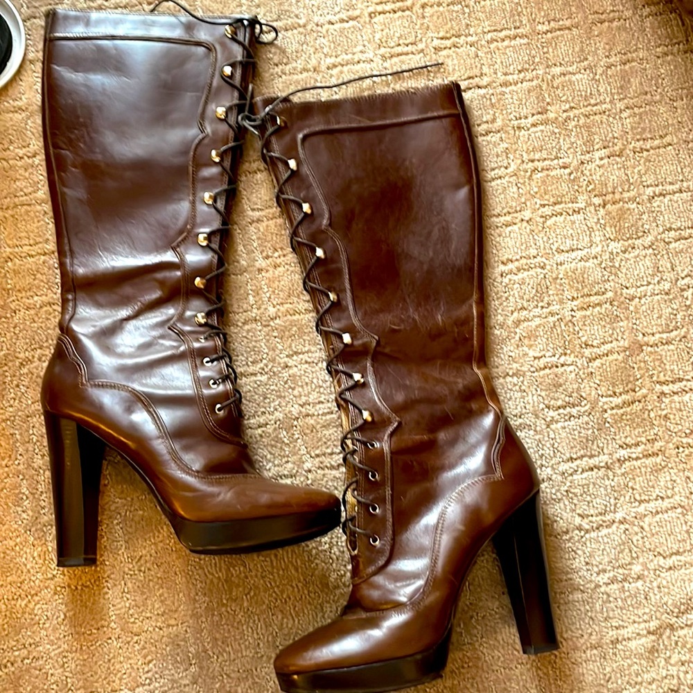 Michael Kors vintage knee tie up brown leather boots